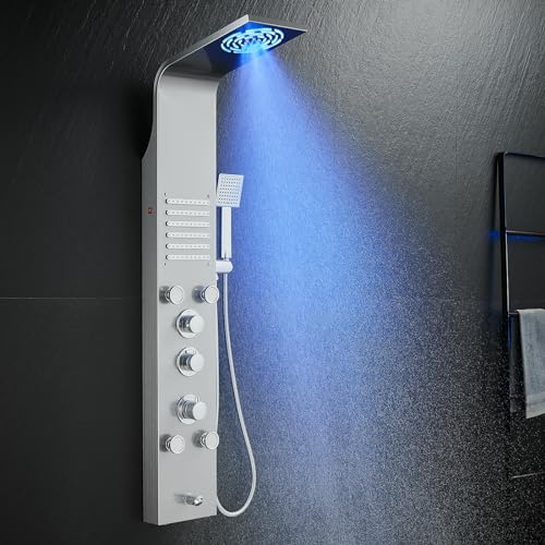 KINKIBOS LED Duschpaneel mit Thermostat, 6 Funktionen Duschpaneel mit LED Regendusche, Nebeldusche, Massagedüsen, Handbrause und Wanneneinlauf, Duschsäule aus Edelstahl 304, Gebürstet
