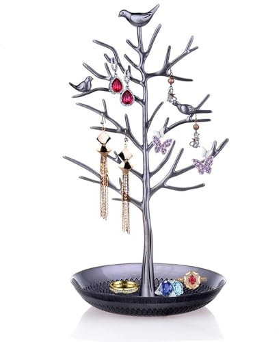 Hibucuo Bird Jewellery Display Stand Holder,Silver Bronze Birds Tree Earring Necklace Bracelets Jewelry Holders Hanging Organiser Rack Tower for Ring Earrings Necklace Bracelet