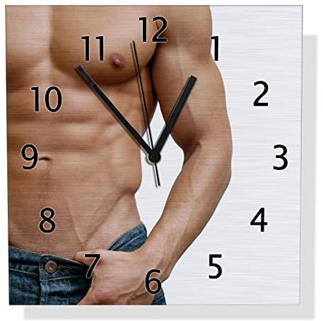Wallario Design Wanduhr Halbnackter Mann mit Jeans aus Aluverbund, Alu-Uhr Größe 30 x 30 cm, Schwarze Zeiger mit Metalloptik