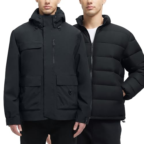 YGREYG Men's 3 in 1 Waterproof Winter Jackets Ski Warm Snow Rain Coat Puffer Liner Hood Windbreaker Black XL