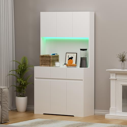 Küchenschrank mit LED-Beleuchtung, Hochschrank Buffetschrank 170cm, Mehrzweckschrank mit Steckdose und 3 Schubladen, Offenem Fach, Vorratsschrank Küche Badschrank Hochschrank,170*100*38.5cm, Weiß