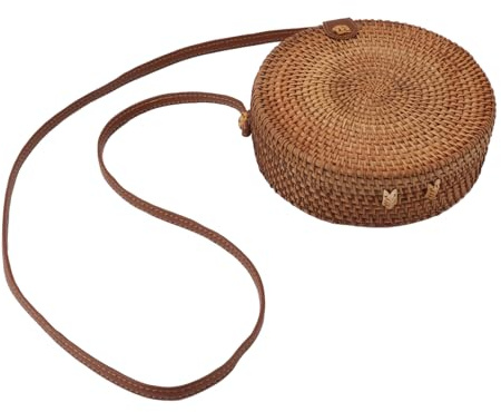 Ratt Rottingväska för Kvinnor, Handvävd Rottingväska, Korgväska Tropisk Strandstil Handgjorda Crossbody Väska Axelväska med 20 Cm Diameter Läderband