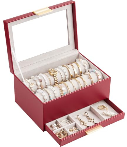 Lolalet Boîte Rangement Bracelet, Porte Bracelet Montre Rouleau, Boîte Bijoux Femme avec Tiroir, Anti Poussière Protection Complète -Rouge Vineux