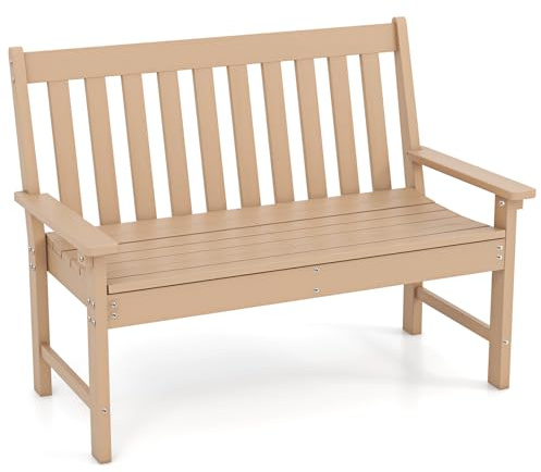 GOPLUS trädgårdsbänk väderbeständig, 2-sitsig parkeringsbänk plast, sittbänk utomhus kan belastas upp till 320 kg, terrassbänk med högt ryggstöd och armstöd, sittbänk, trädgård, balkong, terrass, 132