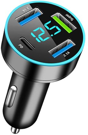 Caricatore Auto USB a 4 Porte, Caricabatterie USB Accendisigari 12V con Voltmetro LED, Carica Veloce QC3.0 e PD, Compatibile con iPhone, Samsung, TabletAuto SUV, Furgone e Veicoli con Tensione 12V-24V
