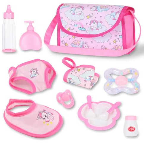 ZITA ELEMENT 12 Pcs Baby Diaper Bag & Accessories,Baby Doll Feeding and Caring Toys Set Includes Diaper Bag, Saliva Towels,Cutlery,Panties, Napkins, Feeding Bottles etc,for Birthday Gift(No Doll)
