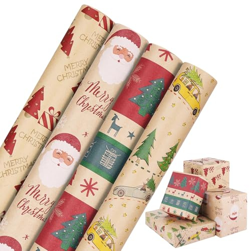 JIANTA Rollo de Papel Regalo Kraft Navideño, 4 Rollos de 43 cm x 3 m, ideal para Envolver Regalos Navideños, Papel de Envoltura Kraft Impreso con 4 Diseños Navidad Diferentes