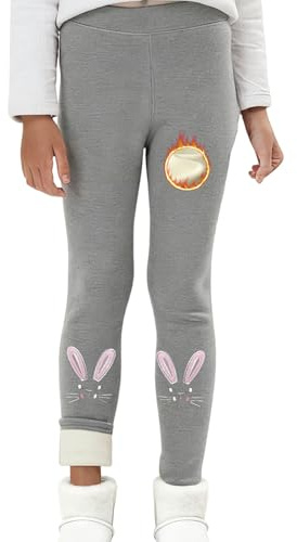 Leggings Doublé Chaud Polaire Fille Hiver Thermo Fleece Pantalon Long Thermique Coton Enfant Elastique Collant Laine Taille Haute Extensibles Leggings Thermique Epais Lapin Gris Clair 130