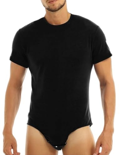 Men's Short Sleeve One Piece Solid Round Neck Press Button Crotch Bodysuit