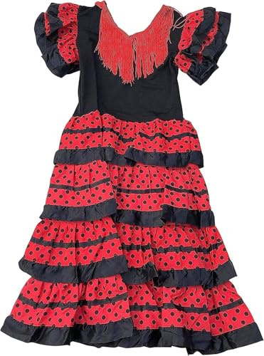 Genérico 6 años. Negro Rojo. Vestido de niña para Baile Flamenco o sevillanas, Tradicional español, Colores españa.