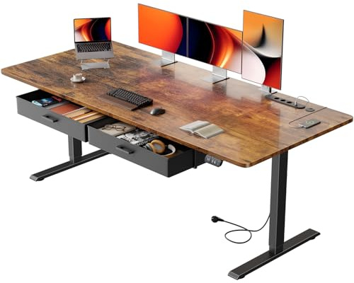 SOLAVERO Bureau Électrique Réglable en Hauteur, 180 x 80 cm Bureau Assis Debout avec Prise Intégrée, Port USB-C, 2 Tiroirs Amovibles, Positions Mémorisables et Système Anti-Collisio, Marron