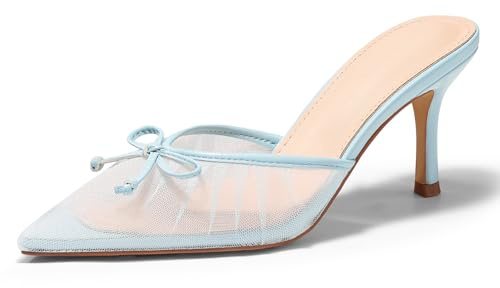 Coutgo Womens Mesh High Heels Bow Closed Pointed Toe Dress Shoes Slip On Heeled Sandals, Mesh Sky Blue, Size 8.5