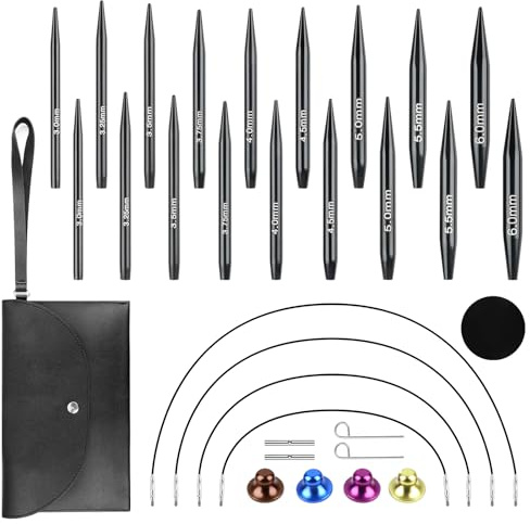 Utbytbara Rundstickor Set, Stickset 3–6 mm, 9 Par Korta Stickor, Aluminium Rundstickor Set med Roterande Kablar, Tillbehör & Metallfodral, Perfekt för Strumpor och Små Projekt
