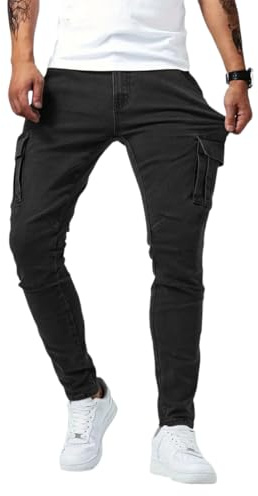 WINKEEY Cargo Jeans Homme Slim Fit Tapered Stretch Pantalon Cargo Multi-Poches Jean des Travail Coupe Droite Ajustée en Tissu Élastique