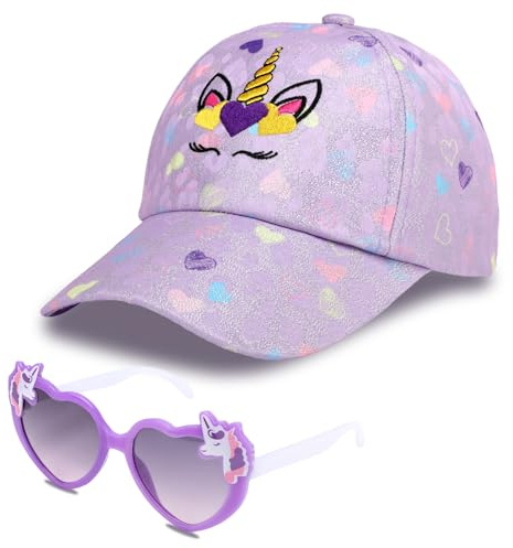 BTHRORO Unicorno Cappello da Baseball Occhiali da Sole per Bambina, Regolabile Cappellino con Visiera Occhiali da Sole Cuore Unicorno Cappello Estivo Anti-Sole per Ragazze