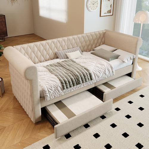 LZPUOUI Klädd säng 90 x 200 cm av linne Divan med två nedre lådor Capitone design sänggavel för vardagsrum multifunktionell sängstruktur för sovrum vardagsrum eller loft minimalistisk beige