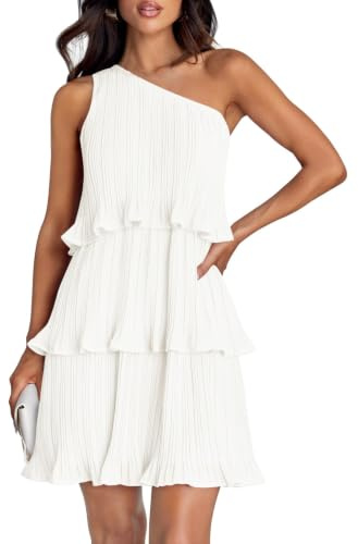 Générique Mini-Robe d'été asymétrique (Une épaule) pour Femme 2026 – Style bohème, sans Manches, à Volants et Superpositions, Coupe Fluide et plissée – Idéale pour Les invitées de Mariage