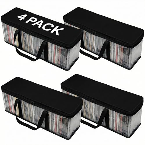 Evelots Bolsas de almacenamiento de CD (paquete de 4) funda de transporte de plástico PVC transparente con cremallera, capacidad para 400 CD en total, asas fuertes, protege CD, videojuegos, música de