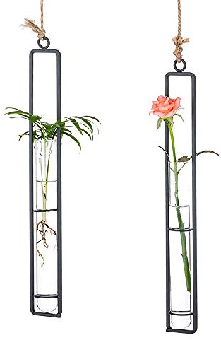 Sziqiqi Set of 2 Hanging Planter Terrarium, Metal Iron Clear glass Test Tube Flower Vases Holder, Wall Hydroponic Plants decor, Decoration for Living Room Bathroom Bedroom Kitchen, L + L