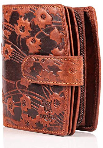 Matador Marca Portafoglio Donna Pelle #VALENZA con Nobile Scatola Regalo, Lusso Porta Carte con protezione RFID, Portafoglio Donna Grande con Molti Scomparti per Carte, Marrone Fiori
