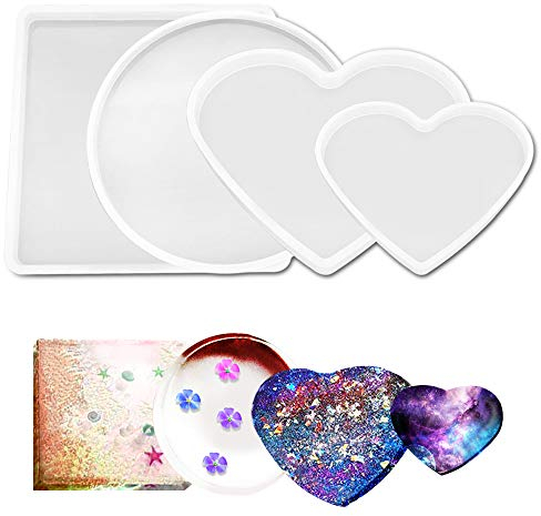 AFUNTA 4 Stück Silikonharz-Form, flexible Silikon-große Tablettform, quadratisch, rund, Herzform, Harzformen zum Gießen, DIY-Dekoration