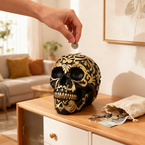 Skull Coin Bank for Adults - Gothic Skull Heads Money Box with Coin Slot, Unique Piggy Bank for Men, Cool Decor & Savings Jar Halloween Skull Decor