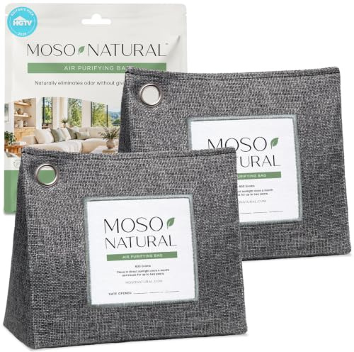Moso Natural Air Purifying Bag 600g (2 Pack) Premium Charcoal Odor Absorber & Room Deodorizer for Large Spaces — Lasts 2 Years, Bedroom, Basement, Pet Odor Eliminator for Home, Bamboo Charcoal Bag