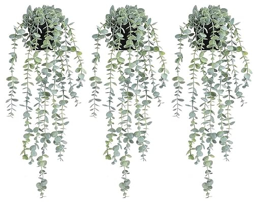 COCOBOO Künstliche Hängepflanzen, künstliche Eukalyptuspflanzen zum Aufhängen, für Wand, Zimmer, Zuhause, Terrasse, Innen- und Außenbereich, 3 Stück