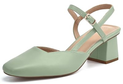 Rilista Women's Slingback Chunky Low Heels Closed Square Toe Heel Wedding Party Dress Pumps Shoes, Green, 6.5 UK