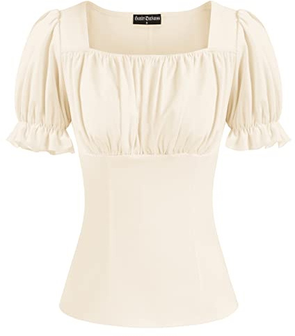 Womens Renaissance Shirt Vintage Puff Sleeve Square Neck Ruched Bust Tops Apricot L