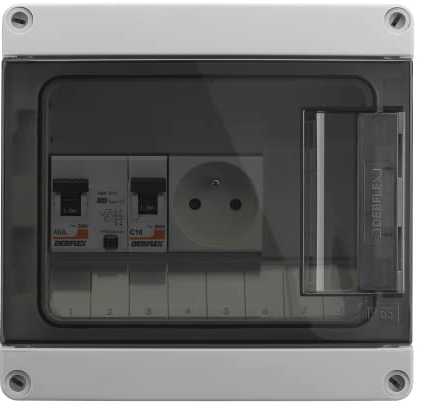 DEBFLEX - Coffret Electrique Etanche - Tableau Electrique 8 Modules - 1 Interrupteur Différentiel 40A/AC + 1 Disjoncteur 16A + 1 Prise - Idéal Extérieur/Jardin - Pose en Saillie - 196 x 190 x 120mm