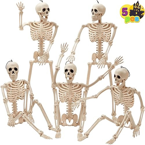 JOYIN 5 PCS Posable Halloween Skeletons 16 Inches (40.6cm) Full Body Posable Joints Hanging Skeletons for Graveyard Decorations, Haunted House Accessories, Spooky Scene Party Favors