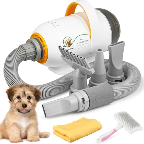Mxmoonant 2800W Sèche-Cheveux pour Chiens, Séchage et Aspiration Double usage, Chaleur et Vitesse Réglables, avec 4 Buses Différentes & Brosse pour Animaux & Serviette pour Aanimaux
