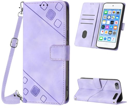 Mo-Beauty Hülle mit iPod Touch 7/6 / 5, PU Leder Flip Crossbody Handyhülle, verstellbare abnehmbare Halskette [Ständer] [Kartenfach] [Magnet] Schutzhülle für iPod Touch 7 - Lila