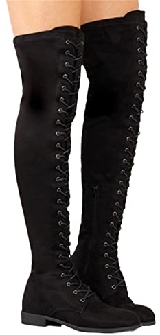 tinbarry Cuissardes pour femmes Bottes d'hiver gothiques noires noires Bottes hautes extensibles Bottes longues plates Chaussures plates à lacets vintage Bottes hautes Bottes d'hiver à tige longue