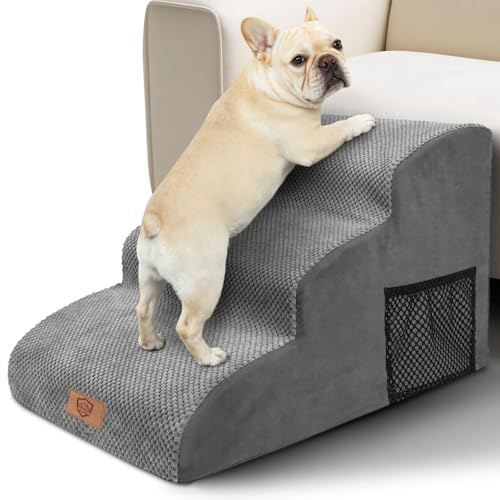 Pawchop Dog Steps for Bed, 3-Step Waterproof Dog Stairs for Small Injured Older Pets, High Density Foam Dog Ramp with Washable Cover, Pet Steps Ladder for Sofa Couch & Bed - Grey, 60 x 40 x 40cm