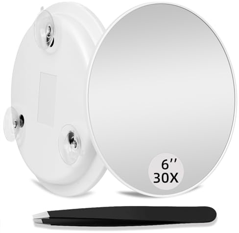 30X Makeup Magnifying Mirror, Round 6inch Travel Magnified Mirror with 3 Suction Cups Mounting, 30X Handheld Travel Magnification and Tweezers Kit - for Detailed Makeup, Blackhead/Blemish Removal