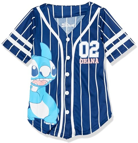 Disney Girls Lilo & Stitch Ohana Baseball Jersey Mesh Button Down Shirt Navy/White