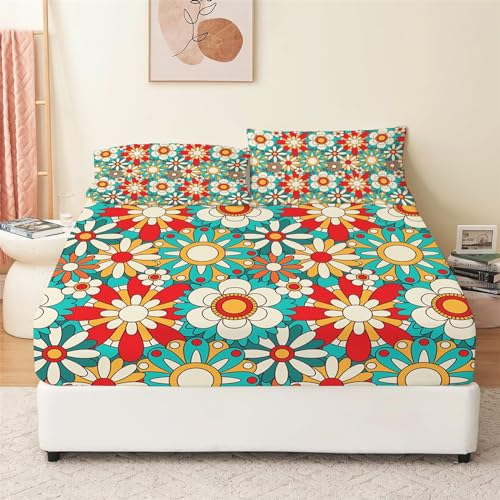 Spannbettlaken Weich Mikrofaser 90x200 cm, Retro Trendige Bunte Blumen Spannbettlaken Waschbar Langlebig und Atmungsaktive Matratzenbezug mit 2 Kissenbezügen für Kinder Jugendliche