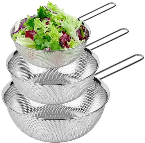COMPORT K Premium 18/8 304 Stainless Steel Set of 3 – Micro-Perforated Strainer with Long Handle, Self-Draining Base for Pasta Rice Vegetables, 18/8 304 Heavy Duty (1.5, 2.5, 4 Qt) Made in Korea