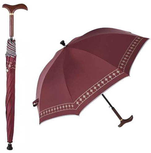 Wzmazingly Spazierstock Regenschirm, 2-in-1 Schirm-Gehstock, Multifunktionaler Tragbarer Stützschirm, Gerader Stab Holz Langes Griffdesign, Mit Rutschfester Spitze(Red)