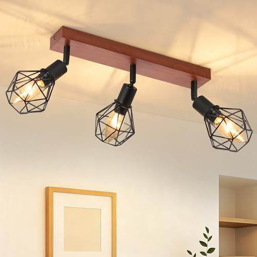 Glitzerlife Takspot 3 ljuskällor svart - E14 Takspots Plafondlampa Trä Retro Metall Svängbar 350° Inomhus för kök sovrum matsal vardagsrum MAX.25W Utan lampor