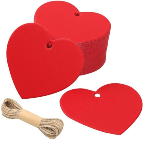 Etichette di Carta Cuore, 100pcs Etichette Regalo di San Valentino, Etichette Carta Kraft con Corda, Adatta per Compleanno, Matrimonio, Decorazione Regalo