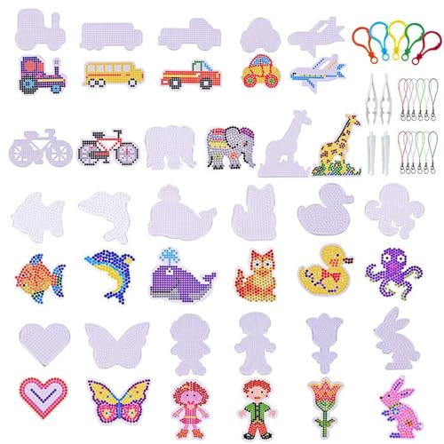 Hurifeng 20 Stück Bügelperlen Platten 5mm Set, Transparente Vorlagen mit Tier- und Verkehrsmittel-Motiven, Bastelset für Kinder und Erwachsene