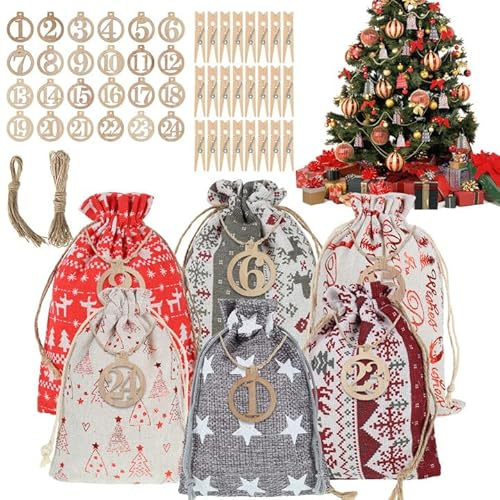 Calendrier de l'Avent à remplir - 24 sachets en tissu - 2 tailles - Calendrier de l'Avent à remplir - Réutilisable avec des designs personnalisés