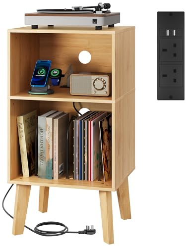 WLIVE Side Table with Charging Station, 3-Tier Record Player Stand, Wooden Turntable Stand Cabinet for Music Room, Bedside Table for Living Room, Bedroom and Small Spaces, Light Oak