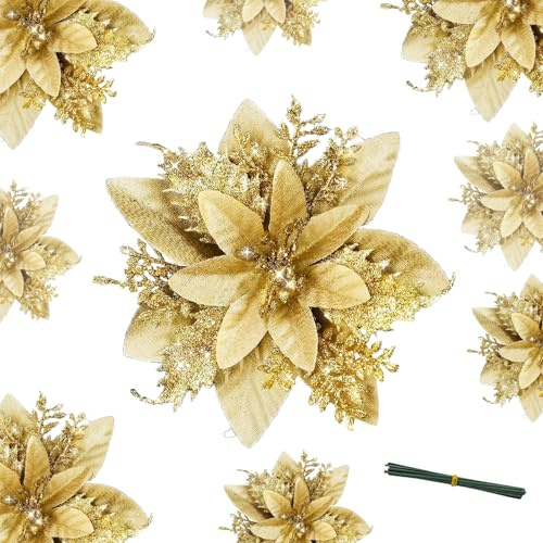 DITK-U - 12 flores artificiales con purpurina de Poinsettia para decoración de Navidad, adornos para árbol de Navidad, adornos para árbol de Navidad para boda, adornos de Año Nuevo, guirnalda de