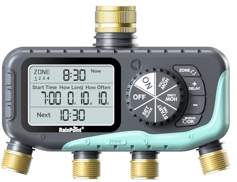 RAINPOINT Bewässerungscomputer 4 Ausgänge, Messing Einlass und Auslass, IP65 Wasserdicht Wasserzeitschaltuhr mit Regenverzögerung/Manueller Bewässerung, Automatische Bewässerung für Rasen und Garten