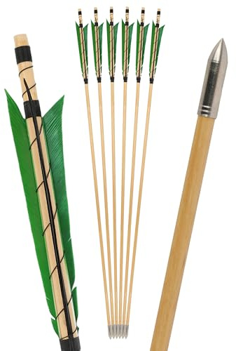surwolf 31 Flèches en Bois pour tir à l'arc,Fabrication Artisanale Traditionnelle,6 avec Plume de Dinde,OD 8.5mm Tige en Bois,flèches de Chasse,pour Arc Long/Arc recourbé,Arc à Cheval (Vert, 6pcs)