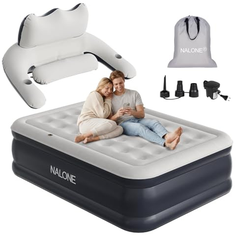 NALONE Matelas Gonflable 2 Personnes Electrique 195x142x45cm, Lit Gonflable Autogonflant avec Pompe Électrique Intégrée avec Dossier Amovible pour Camping et Maison | Lit gonflable auto-gonflant avec tête de lit intégrée, adapté pour la maison et le camping, confortable et compact